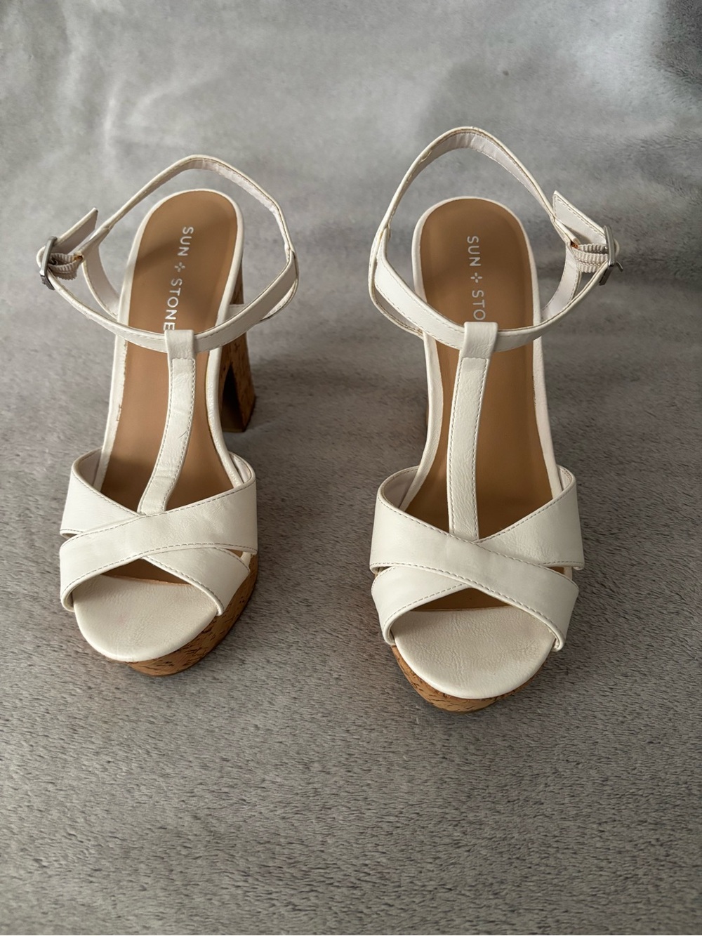 Sun + Stone White T-Strap Cork Block Heel Sandals